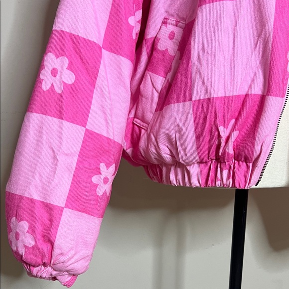 Floral Pink Checkered Women's Puffer Jacket - Picture 6 of 11